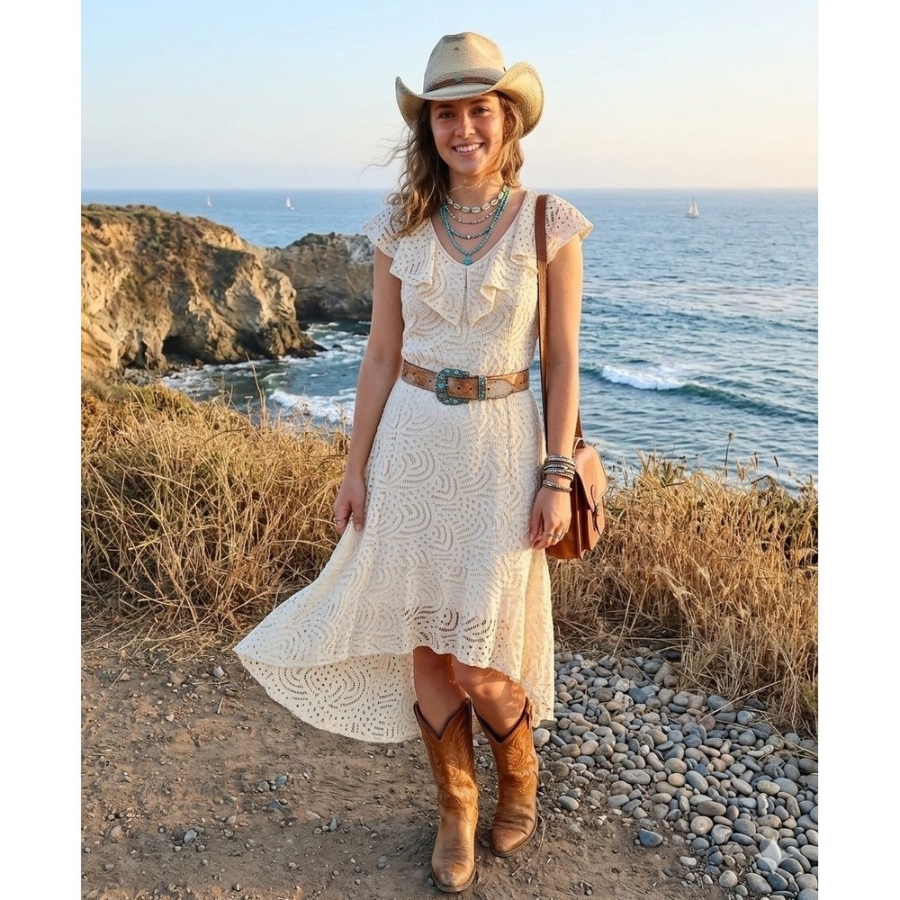Reba Midi Dress Womens Small Cream Eyelet Sleeveless Hi Low Coastal Cowgirl